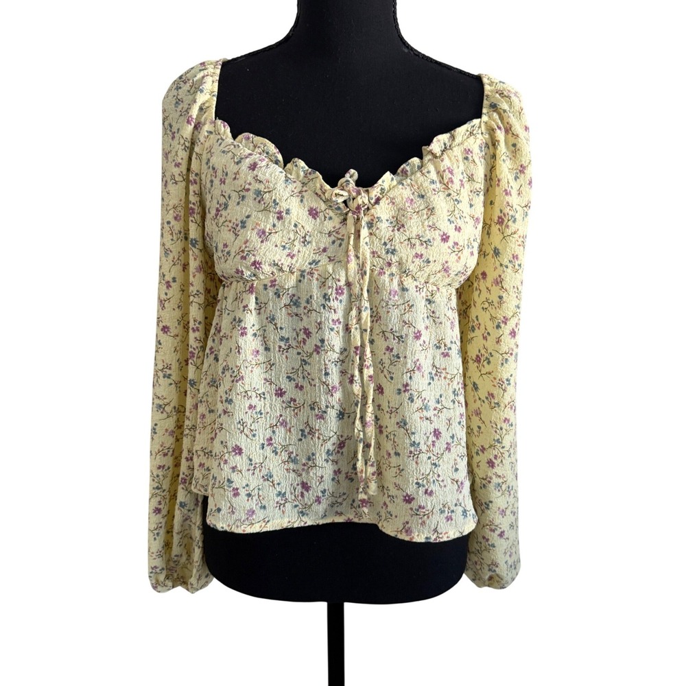 E & M Womens Yellow Floral Babydoll Milkmaid Top Size S Yellow Coquette
